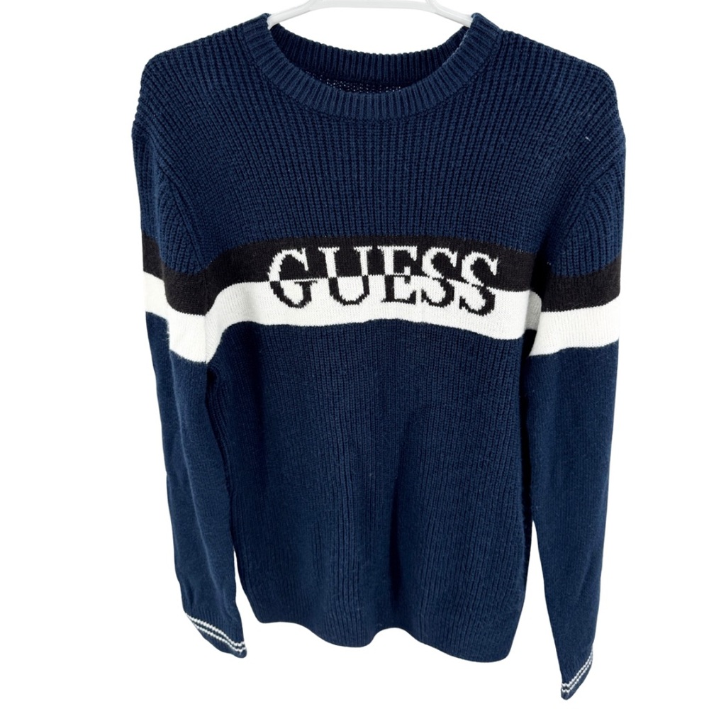 Guess Men's Navy Black Crewneck pullover Sweater spell out M Y2K winter retro